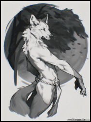 2026 anthro artist_name athletic athletic_anthro athletic_male balls barely_visible_genitalia bottomwear bulge butt canid canine claws clothed clothing digital_media_(artwork) finger_claws fur genitals hi_res kounalix loincloth loincloth_only male mammal neck_tuft plant pointy_ears portrait prick_ears side_view solo tail text three-quarter_portrait topless topless_anthro topless_male tree tuft whisker_spots whiskers