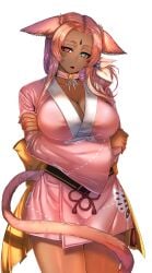 arm_under_breasts butterfly_tattoo cat_ears cat_girl cat_tail catgirl dark-skinned_female dark_skin dark_skinned_female face_mark face_markings female female_focus female_only forehead_mark forehead_markings fully_clothed green_eyes green_tattoo hair_ornament hara_(lupinezinico) heterochromia large_breasts long_hair looking_at_viewer lupinezinico_(zinico) mark_on_forehead pink_cat_ears pink_cat_tail pink_ears pink_hair pink_kimono pink_tail red_eyes short_kimono shy tagme_(artist) tail thick_thighs