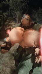 avian big_pecs chocobo chocores_breedan_(entitropy) clothing ffxiv forest gay gay_male looking_at_viewer male male_only nipple_piercing nipples outside solo