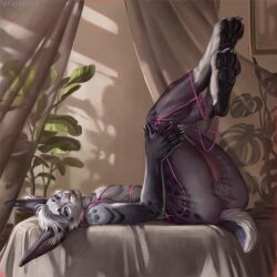 anthro anus balls black_body black_fur black_pawpads claws clothing detailed_background fur genitals glans grey_body grey_fur hair humanoid_genitalia humanoid_penis inside lagomorph legs_up leporid lingerie_only lying male male_anthro mammal markings monstera multicolored_body multicolored_fur nikkimory on_back pawpads penis pinup plant plant_pot pose potted_plant purple_eyes rabbit short_tail solo spots spotted_body spotted_fur tail toe_claws translucent translucent_clothing white_body white_fur white_hair