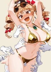 1girl alternate_costume armpits arms_up barefoot bikini blush bow breasts cleavage commentary_request crying crying_with_eyes_open disembodied_hand drill_hair earrings eyewear_on_head fingering fingering_through_clothes gloves gold_bikini hat hat_bow highres jewelry lalulo_(asunanisiyou) large_breasts looking_at_viewer necklace open_mouth orange_eyes orange_hair pendant pussy_juice round_eyewear simple_background smile solo_focus sunglasses swimsuit tears through_clothes tickle_torture tickling tickling_armpits tickling_feet tickling_genitalia tickling_pussy tickling_sides tickling_stomach toes top_hat touhou twin_drills white_bow white_gloves yorigami_jo'on