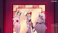 vivziepop hellaverse hazbin_hotel charlie_morningstar_(hazbin_hotel) charlie_morningstar vaggie vaggie_(hazbin_hotel) lucifer_morningstar_(hazbin_hotel) otakusedits edit edited edited_screencap screenshot screencap screenshot_edit lesbian male father_and_daughter father female two_girls girl big_breasts big_tits tits boobs breasts big_boobs hat cane sexy sexy_body demon demon_girl hell