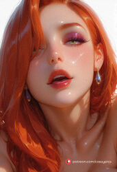 booty busty horny sexy curvy blush slim_waist thick_thighs wide_hips ai_generated large_breasts naked nude jessica_rabbit ginger purple_eyeshadow puffy_lips cheeky earrings long_eyelashes smug selfie close-up portrait mouth_open hair_over_one_eye ginger_hair red_hair