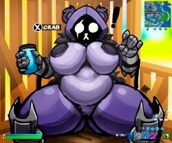 absurd_res anthro arm_tuft armor armored_boots bear big_breasts blindstash breasts butt butt_from_the_front clothing empty_eyes epic_games eye_scar facial_scar female fortnite front_view fur gauntlets genitals gloves handwear hi_res holding_object huge_breasts looking_at_viewer mammal nude obscured_face purple_body purple_fur purple_hood raven_team_leader scar shoulder_tuft sitting slightly_chubby solo text thick_thighs tuft vulva white_eyes wide_hips