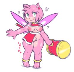 amy_rose anklet anthro ash_(artist) ashthenightt barefoot blush breasts ear_piercing ear_ring eulipotyphlan fairy feet flower genitals green_eyes gynomorph hammer heart_symbol hedgehog hi_res intersex jewelry mammal necklace nipples piercing pink_body pink_nipples plant ring_piercing sega smile solo sonic_the_hedgehog_(series) tools vulva wings