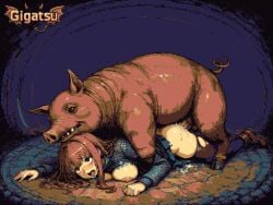 gigatsu ai_generated pixel_art pixel_animation gif twitching animated animation limited_palette ai_assisted aseprite_(artwork) pig 1girl sex zoophila cum cum_inside cum_in_pussy torn_clothes red_hair ahegao orgasm orgasm_face