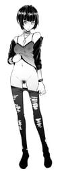 breasts camisole female female_pubic_hair full_body ghettoyouth midriff monochrome navel nipples no_shoes pantyhose persona persona_5 pubic_hair pulling_down see-through short_hair simple_background standing tae_takemi torn_clothes torn_pantyhose white_background