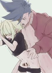 2boys anal anal_penetration anal_sex androgynous ass_grab aus_vaka blonde_hair bob_cut bottomless censor_bar censored censored_penis erect_while_penetrated femboy femboy_penetrated galo_thymos gay gay_sex lio_fotia male penis petite petite_body petite_male pleasure_face pleasured_face promare short_hair size_difference slim slim_male slim_waist twink yaoi feminine_male femboysub smaller_penetrated