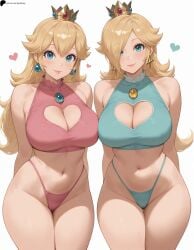 2girls ai_generated arms_behind_back bangs bare_shoulders blonde_hair blue_eyes breasts cleavage cleavage_cutout closed_mouth collarbone crown earrings gem hair_over_one_eye heart hi_res high_quality high_resolution highleg highleg_bikini highres jewelry large_breasts legs_together light light_blush light_smile lingerie lips long_hair looking_at_viewer mario_(series) midriff mini_crown mirrored_pose navel nintendo nose opal_nemy patreon_link patreon_logo patreon_url patreon_username plain_background princess_peach princess_rosalina self_upload shadow shiny shiny_clothes shiny_hair shiny_skin simple_background standing super_mario_bros. thick_thighs thighs watermark white_background