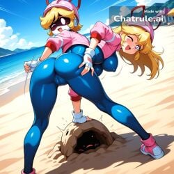 1990s ai_assisted ai_generated back_view beach big_breasts blonde_hair blue_bodysuit bodysuit bouncing_breasts building camel_toe cropped_jacket curvy dutch_angle dynamic_angle erect_nipples fingerless_gloves full_body gloves grabbing_butt happy hip_focus jacket looking_at_viewer looking_back looking_behind motion_lines open_mouth pink_eyes robot shiny_skin smile solo spanking_butt standing toned_body underbutt visor