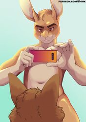 2019 5_fingers absurd_res anthro anthro_on_anthro brown_body brown_fur buckteeth canid canine cellphone duo eyebrows faceless_character fellatio fingers front_view fur gradient_background green_background hi_res holding_object implied_oral kneeling lagomorph leporid looking_at_another male male_only mammal navel nude oral orange_body orange_fur penile phone rabbit sex shiuk signature simple_background smartphone solo_focus standing teeth text url watermark whiskers