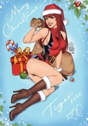 skull_fraxr marvel marvel_comics spider-man_(series) mary_jane_watson spider-man_(cosplay) christmas christmas_outfit santa_hat merry_christmas red_hair redhead redhead_female female female_only solo solo_female christmas_card ass bare_thighs boots thighs revealing_clothes looking_at_viewer green_eyes sideboob bare_shoulders bare_arms gloves belt belt_buckle bag sack
