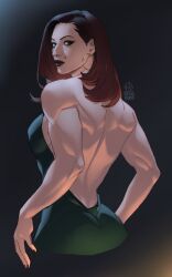 sofia_falcone batman_(series) dc dc_comics backless_dress dress back_view backless_outfit criminal female female_only solo solo_female earrings hoop_earrings muscular muscular_female toned toned_female back_muscles no_bra looking_at_viewer looking_back looking_back_at_viewer auburn_hair mole mole_above_mouth skull_fraxr lipstick sfw black_lipstick bare_shoulders bare_arms green_dress