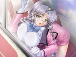 1boy 1girl against_glass braid breast_press breasts breasts_on_glass bus_interior game_asset garrison_cap glasses hat jacket large_breasts lying nipples non-web_source open_clothes open_jacket pantyhose parted_lips pink_jacket ryuuga_shou sakurama_iho shirt solo tour_guide twin_braids visual_novel_cg white_shirt window yureru_bus_guide_~oppai_ga_ippai~