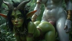 ai ai_assisted ai_generated fantasy fantasyanim futanari goblin_female green_body green_skin horns huge_breasts huge_cock interspecies jungle jungle_girl request satyress size_difference tagme tribal video white_body white_hair