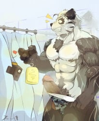 acah_orange anthro bathing bear black_body black_fur camera clothed clothing erection fur genitals giant_panda heart_symbol humanoid_genitalia humanoid_penis male mammal mostly_offscreen_character muscular muscular_anthro muscular_male penis recording shower_curtain showering soap solo speedo speedo_only swimwear topless two_color_fur video_camera white_body white_fur
