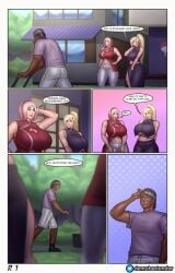 1boy 2girls ass big_ass big_breasts breasts clothed clothing comic dark-skinned_male denre huge_ass huge_breasts ino_yamanaka large_ass large_breasts naruto original_character page_1 sakura_haruno speech_bubble