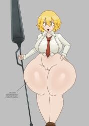 1girls bottomless bottomless_female don_quixote_(limbus_company) exposed_pussy female female_only half-dressed happy hyper hyper_ass incrimit7 lance light-skinned_female limbus_company project_moon pussy self_upload tagme text thick_thighs thighs tie watermark weapon yellow_eyes yellow_hair