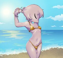 animal_genitalia ball_tuft balls beach bikini blush blush_lines clothing crotch_tuft detailed_background eyes_closed fur fur_tuft genitals ghoul_(ghoulshoot) ghoulshoot gold_bikini golden_week gynomorph hair hi_res humanoid intersex navel penis penis_tip ponytail purple_body purple_fur saggy_balls sea shaded sheath short_hair sky solo standing swimwear tuft two-piece_swimsuit tying_hair unknown_species wardrobe_malfunction water water_drop