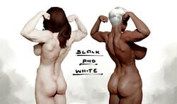 2girls ass back cowboy_shot dark-skinned_female diathorn female_only flexing huge_breasts large_breasts multiple_girls muscular muscular_female nude pale-skinned_female pale_skin short_hair sideboob standing white_background white_hair