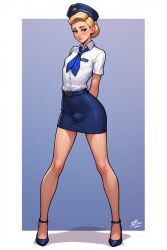 femboy sexy blonde_femboy skinny blonde_hair hair_in_bun air_hostess hands_behind_back shy skirt shirt flat_chest flat_chested tiny_penis bulge bulge_under_clothes light_skin heels 1femboy ai_generated