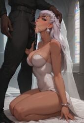 ai_generated ass big_breasts bride church cleavage cum cum_in_mouth cum_inside cumming dark-skinned_male deep_blowjob deepthroat earrings evelynn female hand_on_head kneeling league_of_legends mobolusai thick_thighs thighs wedding_dress white_hair