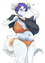 2026 absurd_res big_breasts black_clothing black_shirt black_topwear blue_hair bra breasts clothing digital_media_(artwork) female hair hi_res horn humanoid looking_down maikamiaka navel orange_bra orange_clothing orange_underwear red_sclera shirt short_hair simple_background slightly_chubby solo tail topwear translucent translucent_body underwear uterus white_background