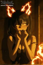 1girl 2025 2026 absurd_res absurdres ai ai-created ai_art ai_assisted ai_generated alphai bangs bare_shoulders black_hair blush blushing breasts bruise cinematic_lighting cleavage colorful_background depth_of_field detailed_background detailed_hair detailed_skin dramatic_shadows enen_no_shouboutai evening fire fire_force flaming_ear flaming_tail glowing glowing_eyes hair_between_eyes hands_up high_quality high_resolution highres kotatsu_tamaki long_hair looking_at_viewer medium_breasts naughty_face nekomata off_shoulder open_mouth outdoors particles patreon patreon_link patreon_url patreon_username raised_eyebrows semirealistic skindentation solo strap_slip tamaki_kotatsu torn_clothes twintails upper_body volumetric_lighting yellow_eyes