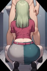 1girls 1male 1boy ai_assisted green_hair medium_hair pale-skinned_female pale_skin pantyhose clothed gabriela_morales_(lemonyrocka) white_legwear white_pantyhose skirt pencil_skirt shoes black_shoes asymmetrical_skirt belt pink_belt t-shirt fellatio oral bottomless_male implied_oral implied_fellatio squatting bathroom public_bathroom spying hole_in_wall