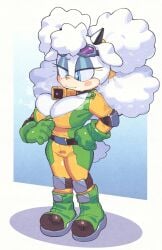 1girl afro_puffs animal_ears annoyed bell belt big_breasts big_hair blue_eyes blush blushing bodysuit boots breasts caprine cleavage collar commentary commission cowbell elbow_pads english_commentary eyelashes full_body furry furry_female goggles goggles_on_head green_bodysuit green_boots half-closed_eyes hand_on_own_hip highres hyperbithero inconvenient_breasts inkerton-kun inkuusan knee_pads lanolin_the_sheep lanolin_the_sheep_(riders) large_breasts light_blush light_frown looking_at_breasts looking_at_self looking_down multicolored_bodysuit neck_bell purple-tinted_eyewear quad_buns racing_suit second-party_source sega sheep_ears sheep_girl solo sonic_(series) sonic_riders sonic_the_hedgehog_(idw) sonic_the_hedgehog_(series) steaming_body sweat tinted_eyewear two-tone_bodysuit white_fur white_hair yellow_bodysuit zipping