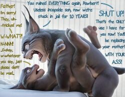 mammal anthro text male english_text felid duo sex lynx penetration dialogue male/male digital_media_(artwork) feline male_penetrating_male male_penetrated fur male_penetrating 3d_(artwork) lying anthro_penetrating_anthro teeth nude open_mouth anthro_penetrating on_back anthro_on_anthro anthro_penetrated feet from_front_position pawpads toes grey_body paws whiskers blue_eyes rape penile 3_toes penile_penetration forced leporid grey_fur bed larger_male furniture smaller_male obscured_penetration ambiguous_penetration size_difference looking_at_another legs_up countershading inside infidelity pink_nose 4_fingers tail tongue on_bed missionary_position claws multicolored_body fangs younger_male soles tuft yellow_eyes wide_eyed cheek_tuft smaller_penetrated two_tone_body butt dominant facial_tuft multicolored_fur anal_penetration mating_press yelling hindpaw fingers countershade_feet anal leg_wrap two_tone_fur intraspecies angry short_tail age_difference screaming profanity white_body eye_contact breasts dominant_male panicked incest father_penetrating_son father_and_son side_view zootopia milton_lynxley pawbert_lynxley movie_reference ear_tuft black_ear_tips prison prison_rape prison_cell incest_(lore) father_and_child_(lore) mature_male forced_anal realistic_fur detailed_fur submissive_male scared prison_bars ai_generated self_upload father_and_son_(lore) 2boys 2males punishment punishment_sex sharp_teeth furry_only anthro_only