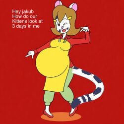 5-volt anthro anthro_female brown_eyes brown_eyes_female brown_hair brown_hair_female brunette_hair brunette_hair_female edited edited_art hyper_belly milf nintendo pregnant pregnant_anthro pregnant_belly pregnant_female pregnant_milf red_shirt red_shoes snow_leopard solo solo_female solo_focus talking_to_viewer warioware yellow_apron