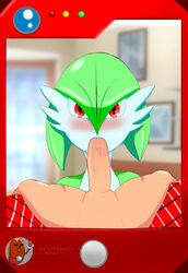 1boy 1girls ambiguous_gender big_eyes big_penis blush breasts canofbeans erection eye_contact fellatio female feral feral_on_human flat_chest gardevoir green_hair green_skin human interspecies looking_at_viewer male male_pov meme nintendo no_breasts nude on_back oral penis pokémon_(species) pokedex pokemon pokemon_(species) pokemon_rse pov red_eyes spread_legs spreading text thick_penis veins veiny_penis watermark white_skin