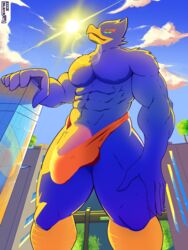 anthro arexualex avian bird bulge city clothing falco_lombardi flaccid furry hi_res looking_down looming low-angle_view macro male male_only nintendo penis solo speedo star_fox swimwear video_games