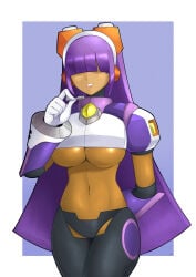 1girl absurdres android arm_behind_back armor beauty_mark big_breasts blunt_bangs breastplate breasts capcom commentary cowboy_shot dark-skinned_female dark_skin gloves grin hair_between_eyes hair_over_eyes headgear headset highres hime_cut large_breasts layer layer_(mega_man) long_hair mega_man mega_man_(series) mega_man_x mega_man_x_(series) mole mole_under_eye navel purple_armor purple_hair robot_ears robot_girl sidelocks smile solo standing stomach teeth underboob white_gloves yg_(user_hfse3388)