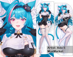 1girls ada_s animal_ears barefoot black_gloves blue_eyes blue_hair cat_ears cat_tail catgirl dakimakura dakimakura_design famale_focus female large_breasts looking_at_viewer mint mint_(neverness_to_everness) moemarket neverness_to_everness pussy solo white_thighhighs