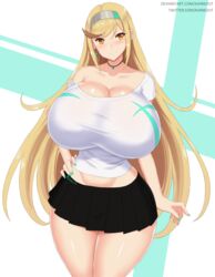 1girls breasts cleavage curvy female female_only hikari_(xenoblade_2) hyper hyper_breasts kainkout mythra nintendo skirt solo xenoblade_(series) xenoblade_chronicles xenoblade_chronicles_2 yellow_eyes