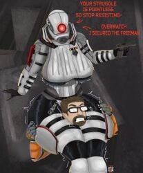 half-life half-life_(series) half-life_2_beta gordon_freeman combine_elite_(half-life_series) combine_assassin_(half-life_series) combine_soldier_(half-life_series) thicc thicc_thighs big_breasts big_thighs big_ass armored_female armor glowing_eyes 1girls 1boy 1girl fat_ass fat_thighs fat_tits struggling gun glock speech_bubble 2d 2d_(artwork) 2d_artwork detailed_background