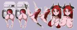 1girl breasts commentary english_commentary female female_only flou_(flou_art) highres horns jewelry large_breasts necklace nipples pointy_ears pussy red_eyes red_hair washing_machine
