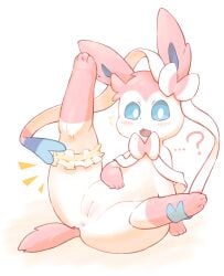4_toes anus eeveelution feet female feral generation_6_pokemon genitals hi_res looking_at_viewer nintendo ornament paws pink_ears pokemon pokemon_(species) question_mark simple_background solo spread_legs spreading sylveon toes vulva white_body yelushiku