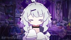 1boy 1girls animated artist_name bar_censor black_shirt blinking blush breasts censored closed_eyes cum cum_in_mouth cum_overflow demon_horns fake_horns fellatio green_eyes grey_hair hair_ornament hairclip hands_on_another's_head headphones hetero horns indoors irrumatio jacket kurotofu long_sleeves looking_at_penis medium_breasts multicolored_eyes nose_blush off_shoulder one_eye_closed open_mouth oral outline penis pov pov_crotch pov_hands purple_eyes q-chan_(yunyun_denpa_syndrome) sharp_teeth shirt sleeves sleeves_past_fingers sleeves_past_wrists smile solo_focus sound sweatdrop teeth trembling uncensored veins veiny_penis video white_jacket white_outline yellow_eyes yunyun_denpa_syndrome yurie_mouth