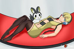 1girls abs ambiguous_gender armpits belly big_ears black_sclera black_thighhighs blonde_hair blue_eyes breasts canofbeans cleavage clothed clothes elesa_(pokemon) elesa_(pokemon_bw) emolga eye_contact female feral flying_squirrel furry grey_fur half-closed_eyes headphones larger_female looking_at_viewer lying midriff navel nintendo on_back pokémon pokémon_(species) pokemon pokemon_bw pose red_background rodent short_hair size_difference small_breasts smile text thick_thighs thighhighs watermark white_fur wide_hips