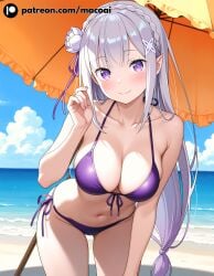 1girls ai_generated bare_arms bare_legs bare_shoulders bare_thighs belly belly_button big_breasts bikini blush blushing_at_viewer cute elf_ears emilia_(re:zero) female female_only leaning_forward looking_at_viewer macoai outdoors pale_skin pale_skinned_female perfect_body posing posing_for_the_viewer purple_bikini purple_eyes re:zero_kara_hajimeru_isekai_seikatsu silver_hair smiling smiling_at_viewer smooth_skin solo solo_female standing teasing teasing_viewer thick_thighs thighs