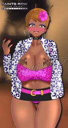beautiful_woman belted_skirt big_breasts blush blush_lines blushing dark-skinned_female dark_skin dirty_blonde_hair earrings female female_only flower_in_hair hairclip hairpin hoop_earrings huge_breasts leopard_print light_brown_hair mature_woman microskirt miniskirt pink_panties prostitute prostitution roberta_(saints_row) saints_row saints_row_the_third stormhazard thick thick_thighs thighs white_jacket