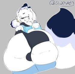 absurd_res anthro anus_peek big_butt black_clothing black_underwear blue_clothing blue_footwear blue_hair_tips blue_legwear blue_shirt blue_socks blue_tail_tip blue_thigh_highs blue_thigh_socks blue_topwear bulge bulge_from_behind butt butt_focus canid canine chest_tuft clothing clothing_pull dipstick_tail fat_rolls femboy fennec_fox footwear fox fur hair hi_res legwear looking_at_viewer male male_focus mammal markings no_shading ponytail serven shirt signature socks solo tail tail_markings thick_thighs thigh_highs thigh_socks topwear true_fox tuft underwear underwear_pull white_body white_butt white_face white_fur white_hair white_hands white_tail white_thighs