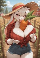 5_fingers absurd_res ai_generated anthro barn big_breasts bottomwear breast_fondling breast_play breast_squish breasts carrot clothing denim denim_clothing farm farmgirl female female_only fence fingers fondling food hand_on_breast hat headgear headwear hi_res hotpants jeans lagomorph leporid licking looking_at_viewer mammal minishorts mountain open_mouth pants pattern_clothing pattern_shirt pattern_topwear plaid plaid_clothing plaid_shirt plaid_topwear plant rabbit red_clothing red_eyes red_shirt red_topwear shirt short_shorts shorts sky solo squish straw_hat tongue tongue_out topwear tree vegetable watermark white_body