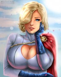 big_boobs big_breasts blonde_hair blue_eyes cape cleavage_cutout costume dc dc_comics flowerxl gloves karen_starr kryptonian looking_at_viewer mature_female power_girl short_hair superheroine superman_(series) tight_clothing