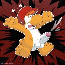 1:1 3_toes 4_fingers absurd_res anthro armor balls bodily_fluids cum ejaculation feet fingers foreskin game_over gameplay_mechanics genital_fluids genitals hair headgear helmet hi_res humanoid_genitalia humanoid_penis male mario_bros multicolored_body nintendo non-mammal_balls open_mouth orange_body orange_hair penis pink_tongue platformer_death_pose shaded shocked solo star tail toes tombutad tongue vein veiny_penis white_balls white_penis yoshi yoshi_(character)