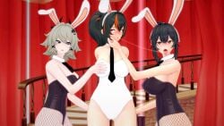 zhu_yuan grace_howard caesar_king after_kiss saliva_trail bunnysuit threesome tongue_out breast_grab ass_grab zenless_zone_zero