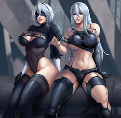 2girls alternate_breast_size big_breasts breasts cleavage curvaceous female female_only flowerxl large_breasts looking_at_viewer nier nier:_automata spread_legs thighhighs voluptuous yorha_2b yorha_a2